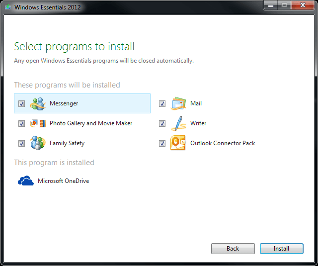 Microsoft Windows Essentials components to install