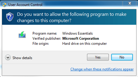 Windows User Account Control for Windows Esssentials setup