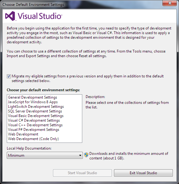 choose default environment settings in Visual Studio 2012 IDE