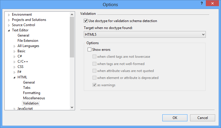 disable HTML5 validation in Visual Studio 2012