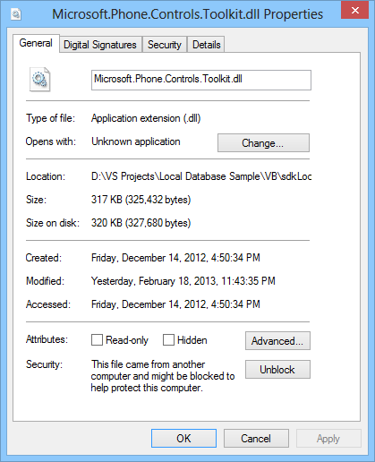 unblock assembly file caused build error in Visual Studio 2012