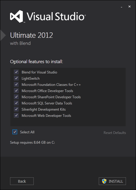 optional features to install with Visual Studio 2012 Ultimate