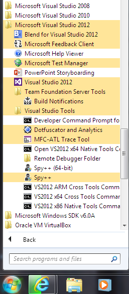Microsoft Visual Studio 2012 program menu