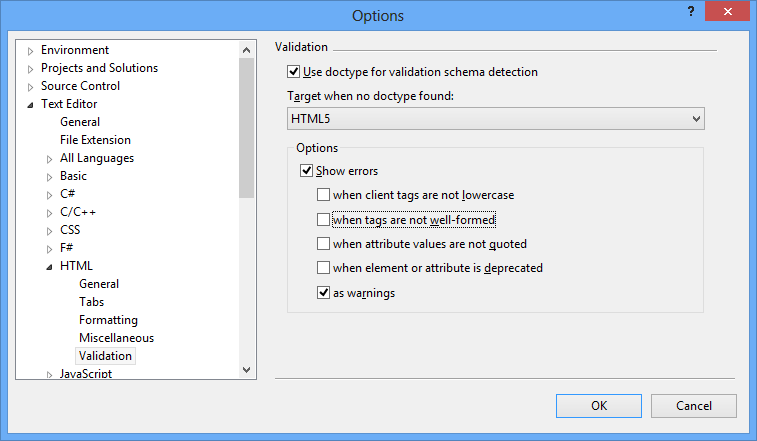 Configure Visual Studio 2012 Text Editor HTML Validation options