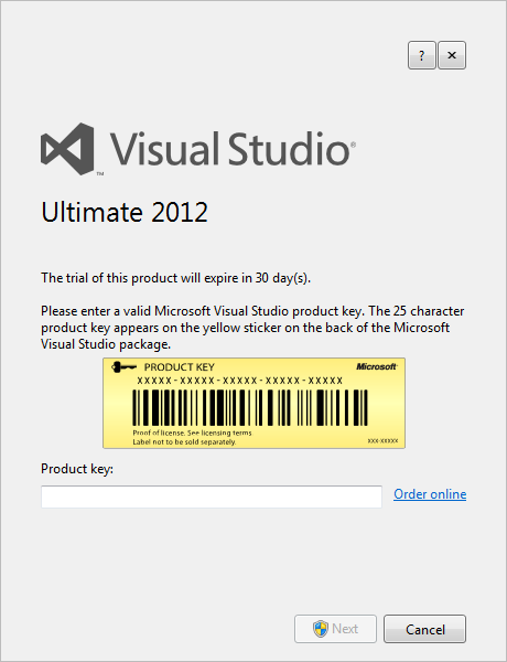 enter Visual Studio 2012 product key for Ultimate edition