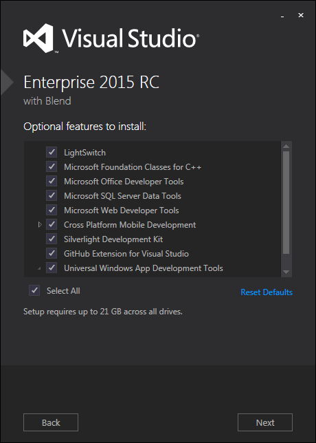Visual Studio 2015 features to install