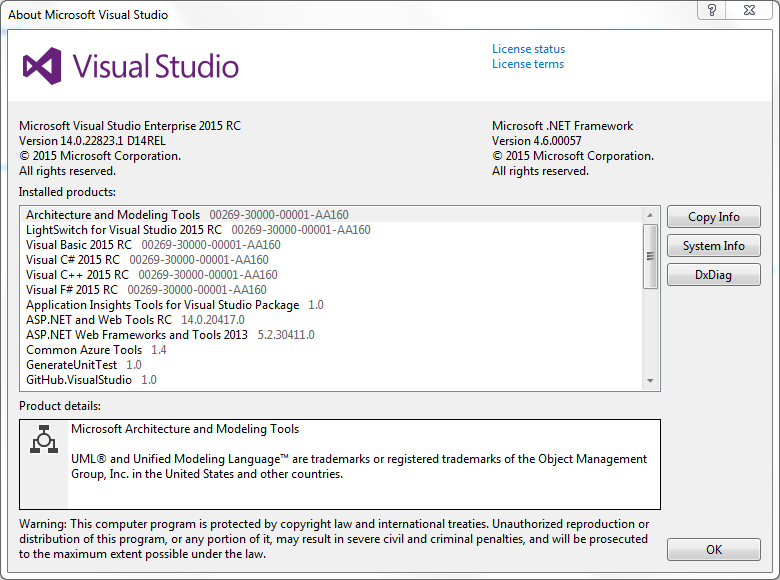 Visual Studio 2015 About screen
