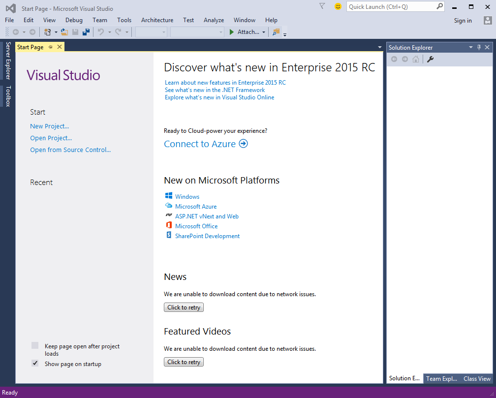 Visual Studio 2015 Start Page