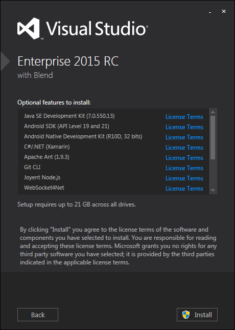 Visual Studio 2015 optional features