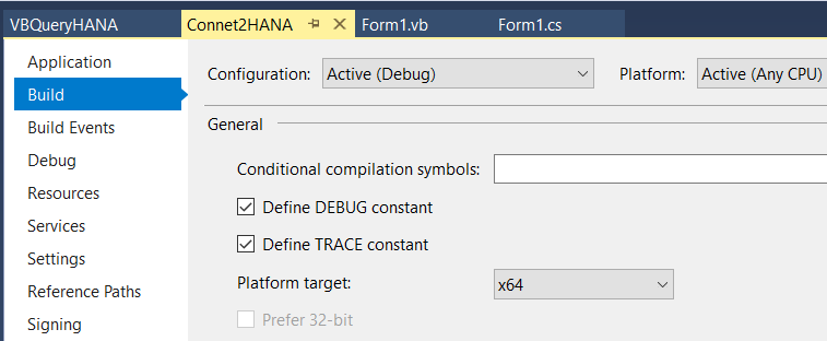 C Sharp project settings in Visual Studio for SAP HANA Client ODBC driver