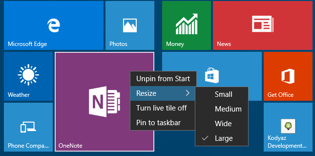 resize app tiles on Windows 10 Start menu
