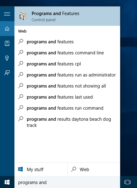 Windows 10 Programs and Features Control Panel item