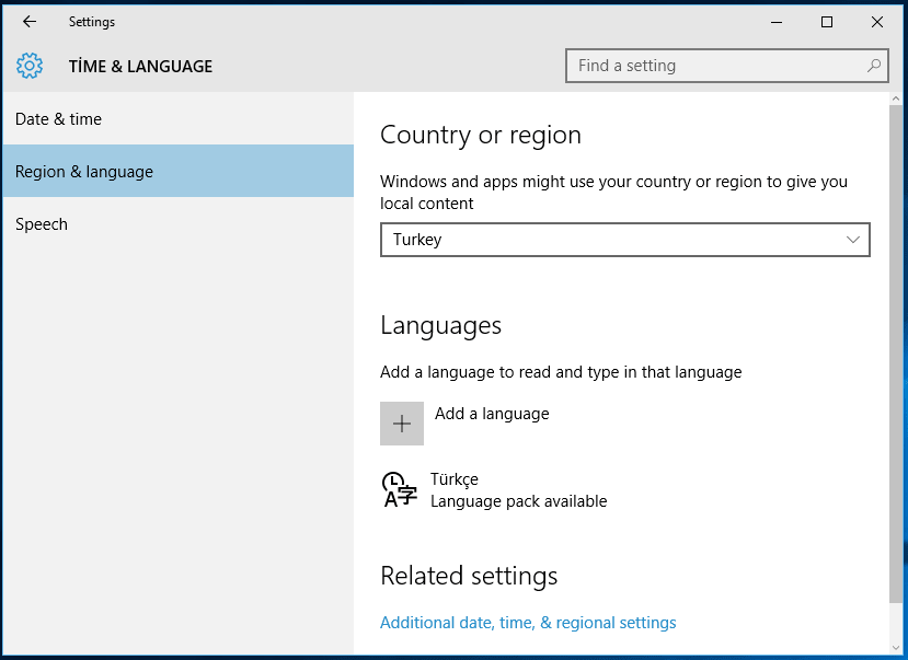 Windows 10 Settings for country, region and language