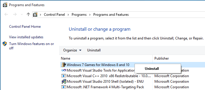 uninstall Windows 7 games from Windows 10