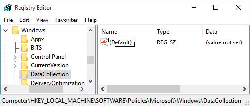 Windows 10 Registry Editor for Data Collection key
