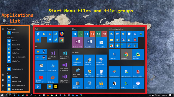 Windows Start Menu user elements