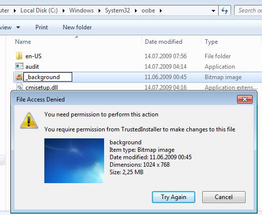 change permission Windows 7 login screen background bmp