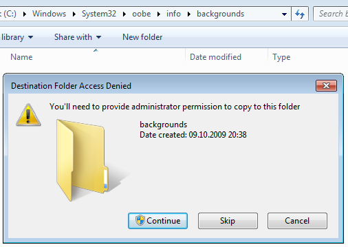 Windows 7 logon screen copy access error backgrounds folder