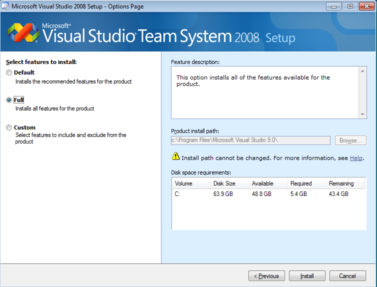 select-vs2008-features-to-install-default-full-custom