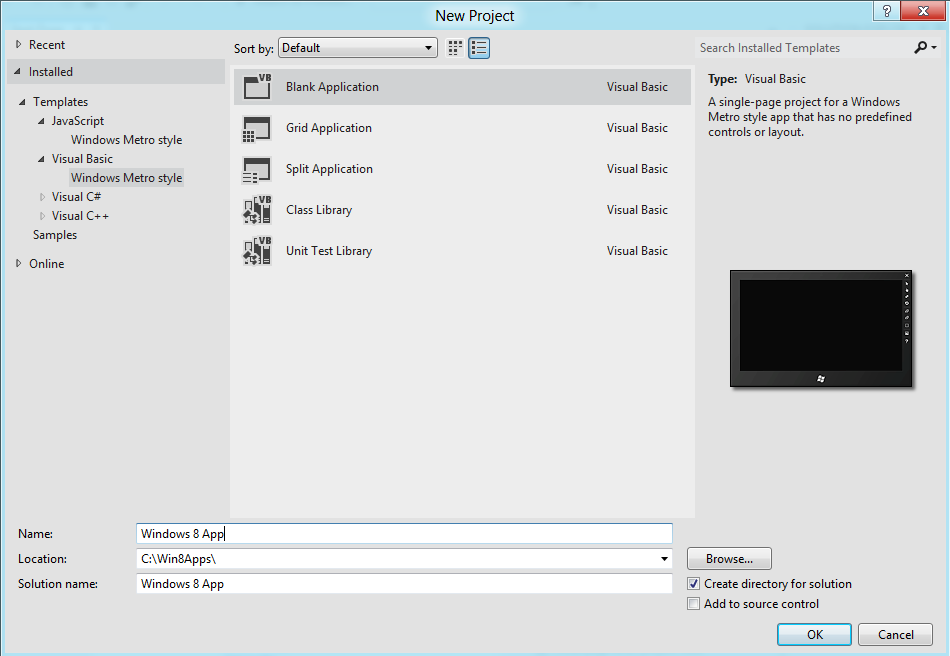 Windows Metro style project templates for creating apps for Windows 8