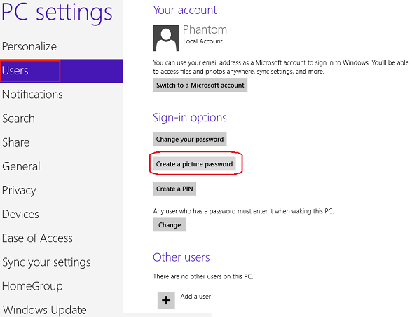 create picture password for Windows 8 account