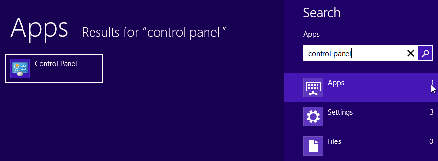 Launch Windows 8 Control Panel using Search Charm