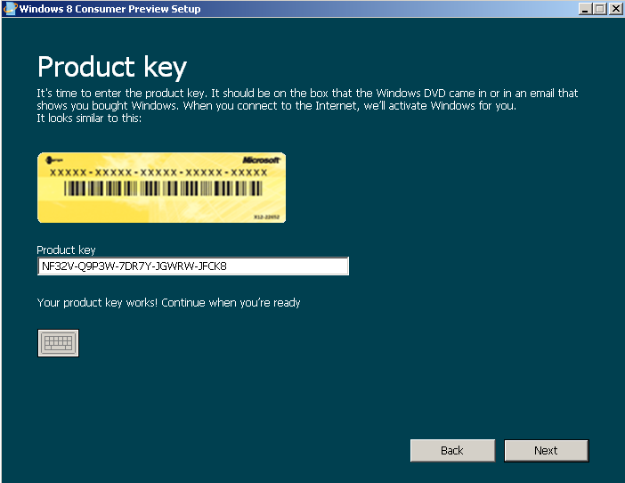 Windows 8 product key for Windows Consumer Preview setup