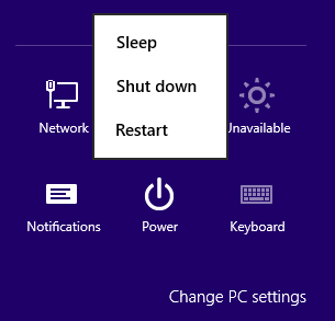 Windows 8 settings charm and Power icon for shut down PC