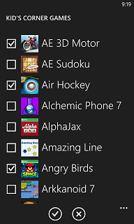 installed Windows Phone games list for Kid's Corner configuration