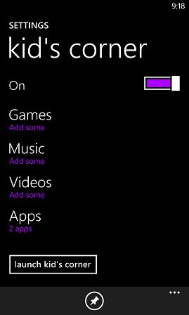 Windows Phone 8 Kid's Corner configuration in Settings app