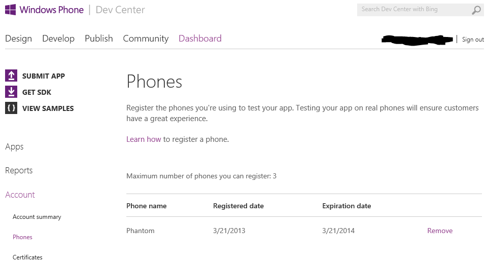 Windows Phone Dev Center Dashboard registered phones list