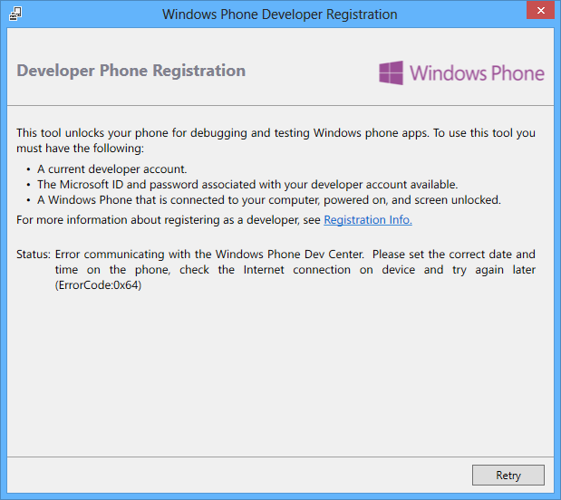 Error communicating with the Windows Phone Dev Center