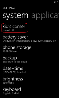 Windows Phone 8 setings for Kid's Corner