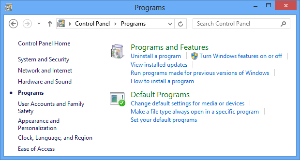 Turn Windows features on or off using Control Panel
