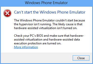 Windows Phone Emulator couldn't start because the hypervisor isn't running