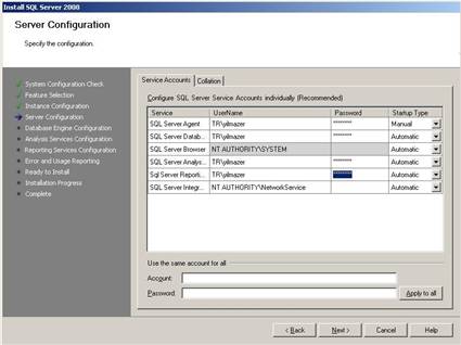 Server Configuration Service Accounts tab