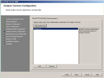 Analysis Services Configuration Account Provisioning