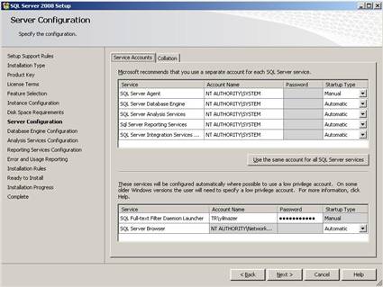 Service Accounts for SQL2008
