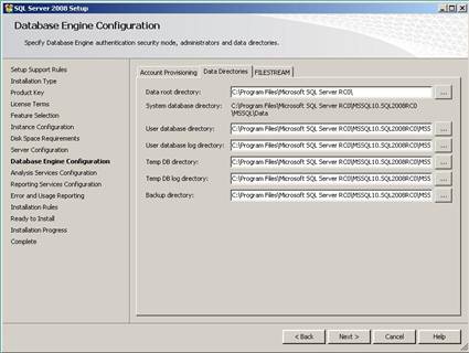 Database Engine Configuration - Data Directories