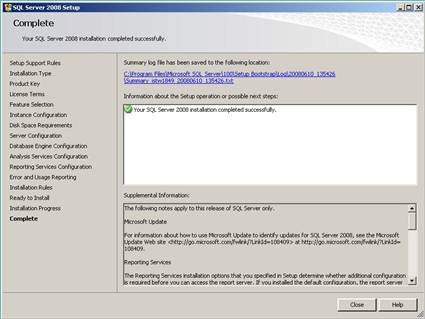 SQL Server 2008 installation completed