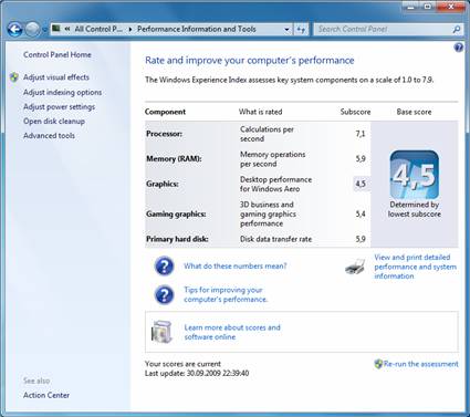 Windows 7 Performance Information and Tools Screen