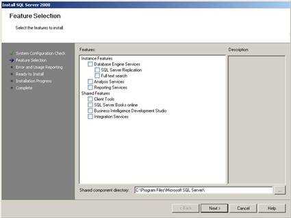 SQL2008 Feature Selection for installation