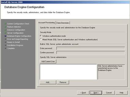 SQL2008 Database Engine Configuration