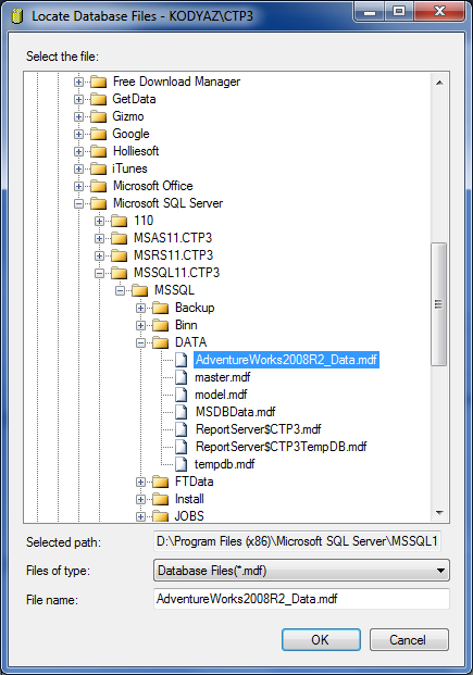 choose AdventureWorks2012_Data.mdf using datafile browser