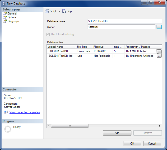 New Database wizard in SQL Server 2012