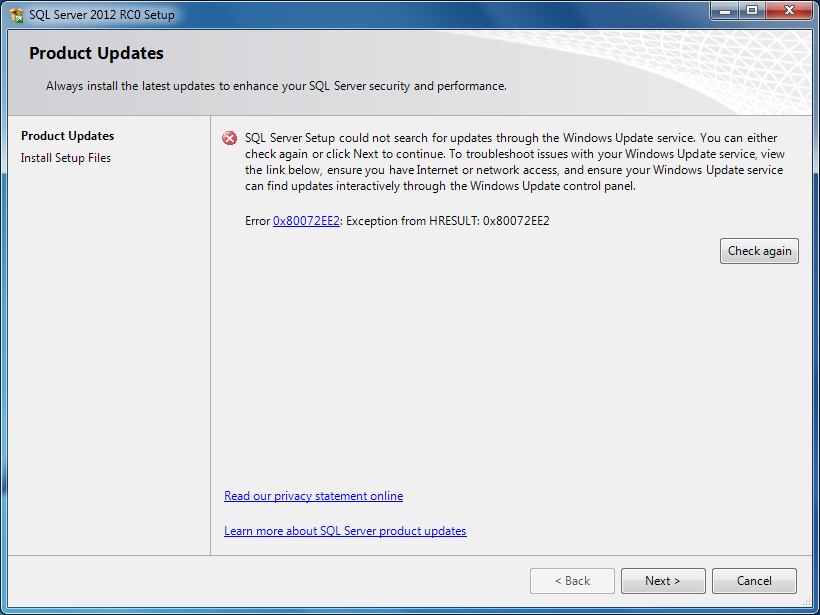SQL Server 2012 setup error WindowsUpdate_80072ee2 error code