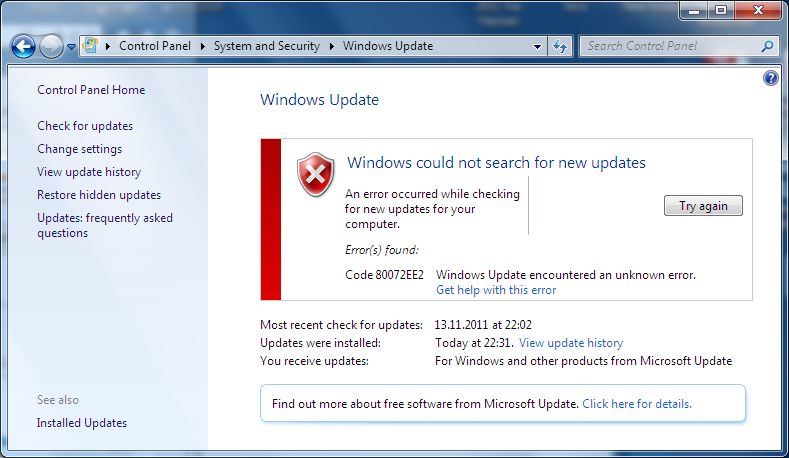 Windows Update Service error in SQL Server 2012 installation