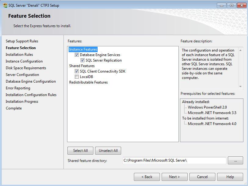 SQL Server 2012 Express installation feature selection