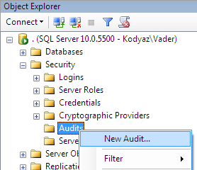 create new audit in SQL Server Management Studio