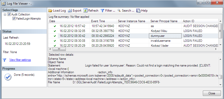 list failed login attempts to SQL Server